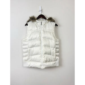 Style & Co Sport Women Ivory White Puffer Vest Faux Fur Trim Hood Classic Winter